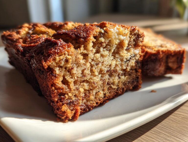 Close-up of a moist, golden-brown slice of the best banana bread showing its texture on a white plate.