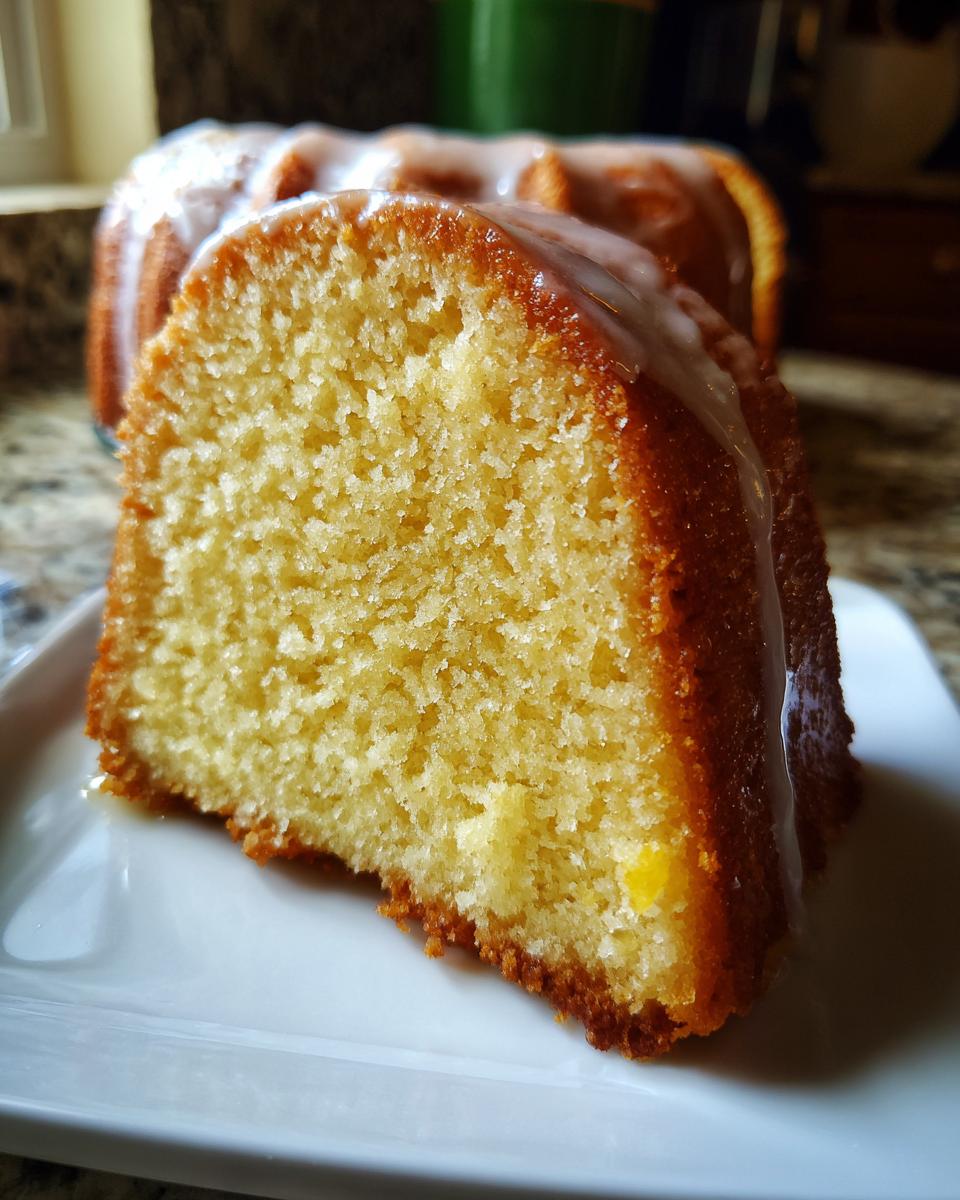 Close-up of a moist slice of olive oil cake showing the crumb texture and a light glaze dripping down the side.