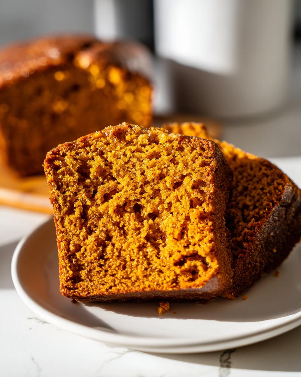 Close-up of two moist slices of rich orange pumpkin bread on a white plate, showing the crumb texture.