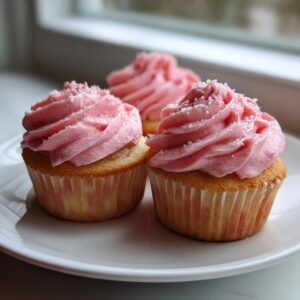 Close-up of three moist strawberry cupcakes topped with vibrant pink frosting and sparkling sugar crystals.