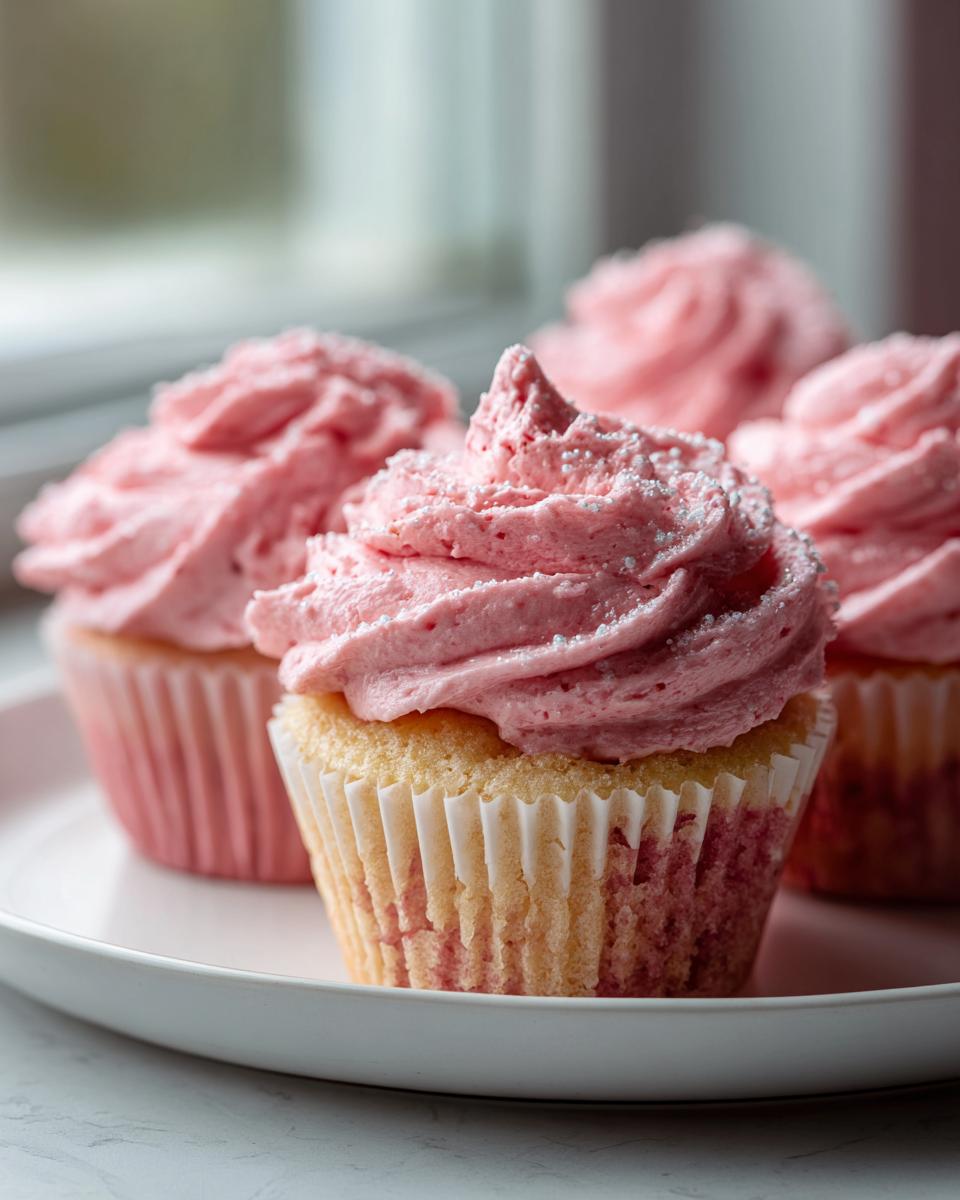 Close-up of several moist strawberry cupcakes topped with vibrant pink, swirled frosting and sprinkles.