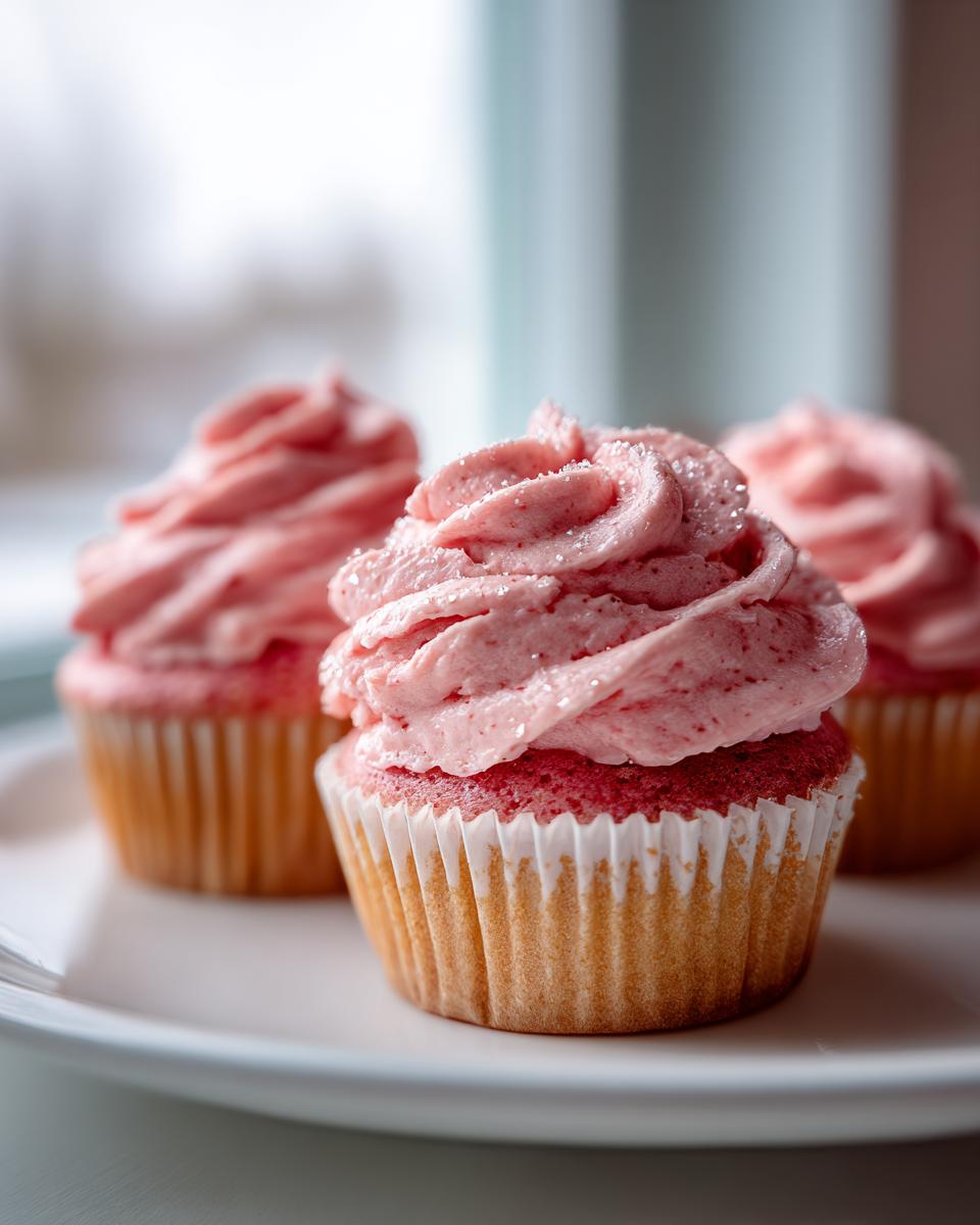 A close-up of a perfectly frosted strawberry cupcake topped with sparkling sugar, with two other strawberry cupcakes blurred in the background.