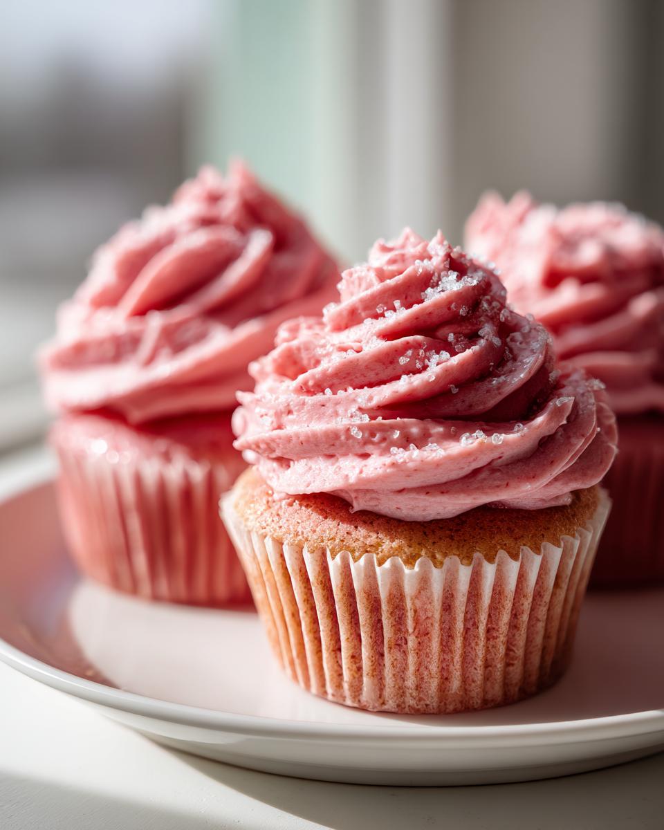 Close-up of moist strawberry cupcakes topped with bright pink, swirled frosting and coarse sugar crystals.