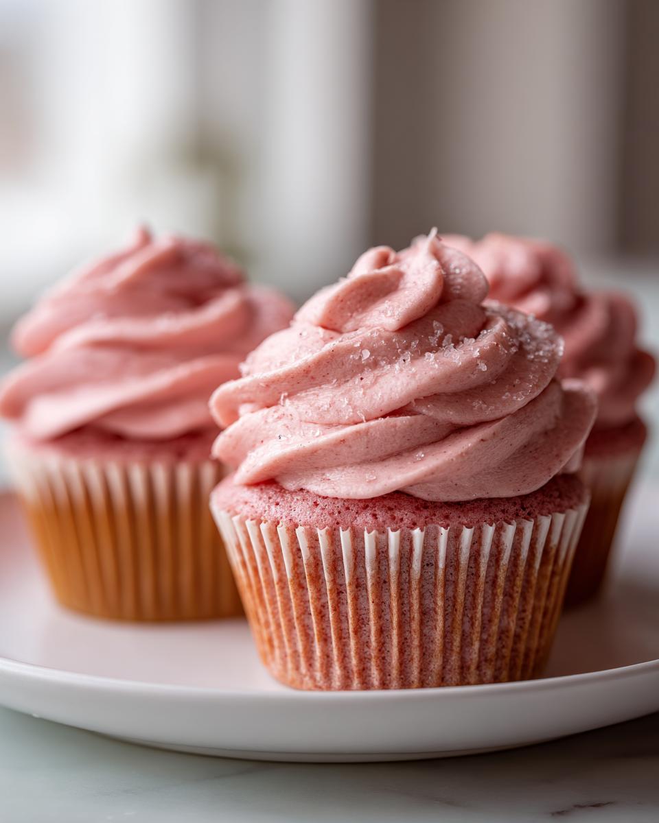 Close-up of three moist strawberry cupcakes with swirled pink frosting, topped with coarse sugar crystals.