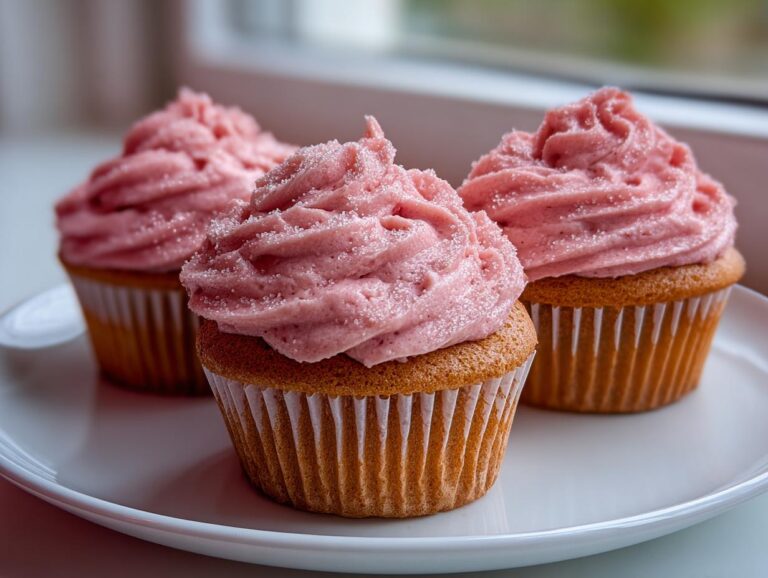 Three moist strawberry cupcakes with swirls of pink strawberry frosting topped with sparkling sugar, sitting on a white plate.