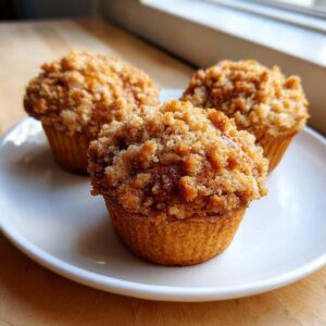 Three golden brown sweet potato muffins topped with a thick, crumbly streusel, served on a white plate.