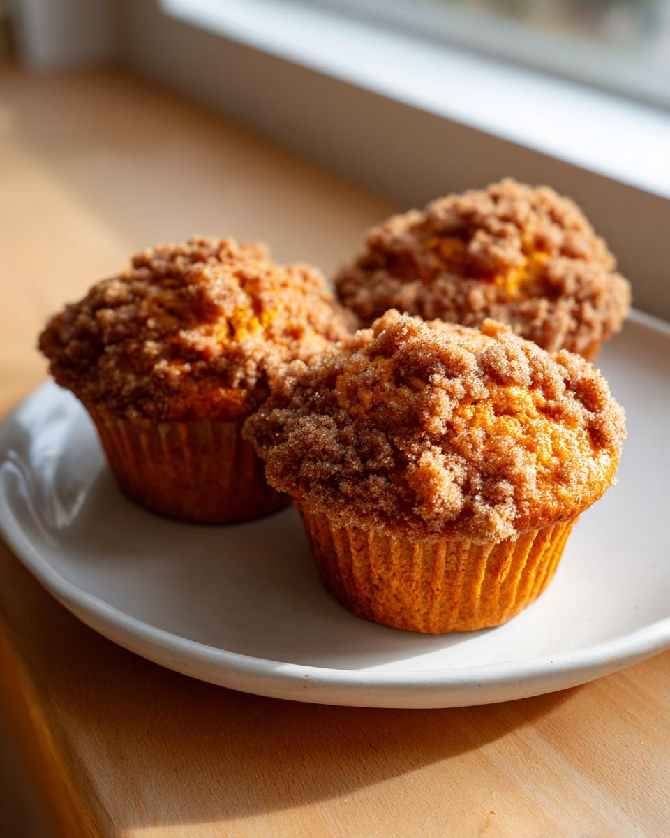 Three freshly baked sweet potato muffins topped with a thick cinnamon streusel, sitting on a white plate.