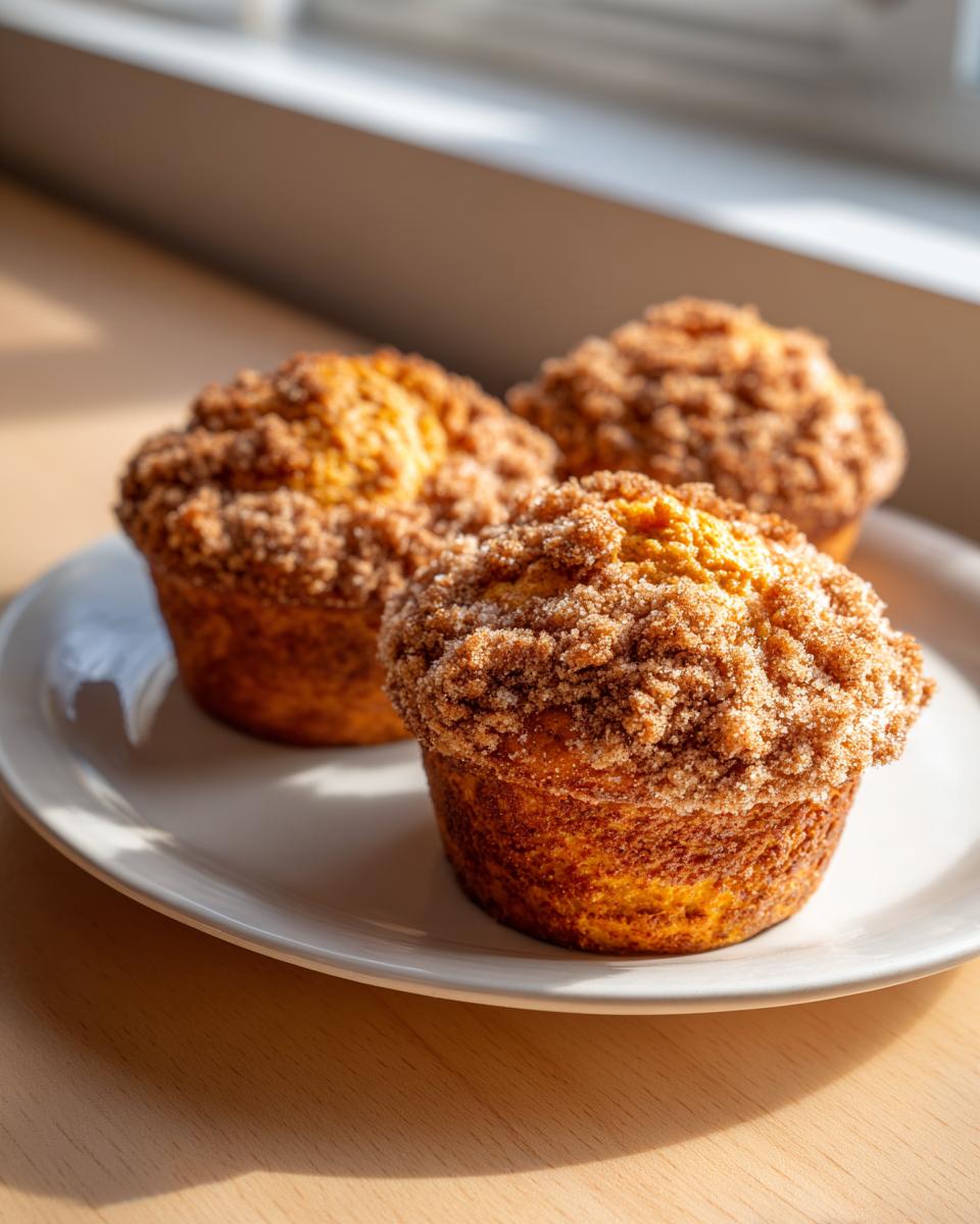 Three moist sweet potato muffins topped with a generous cinnamon streusel sitting on a white plate.