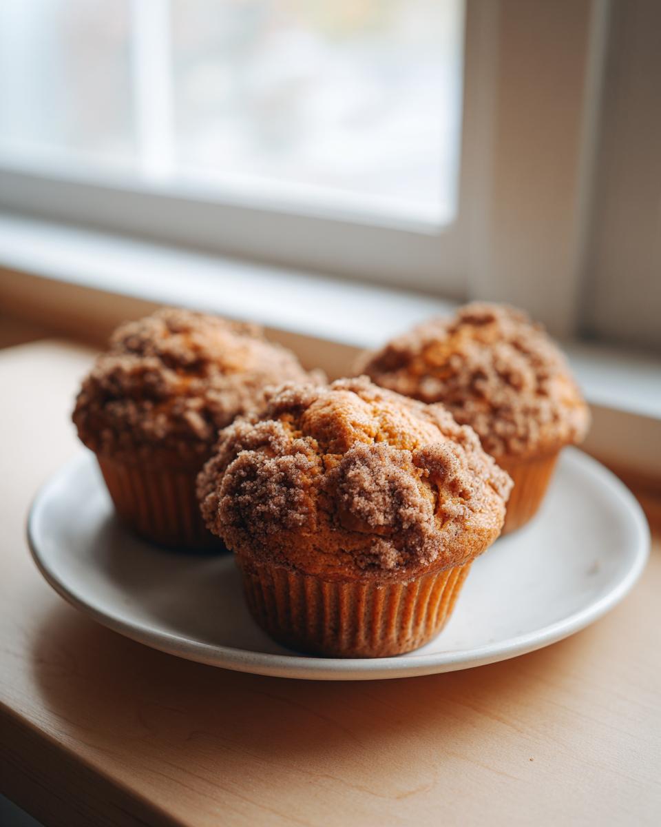 Three freshly baked sweet potato muffins topped with cinnamon streusel sitting on a white plate near a window.
