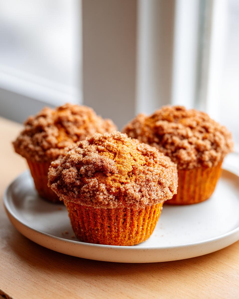 Three moist sweet potato muffins topped with a thick cinnamon streusel, sitting on a light plate.