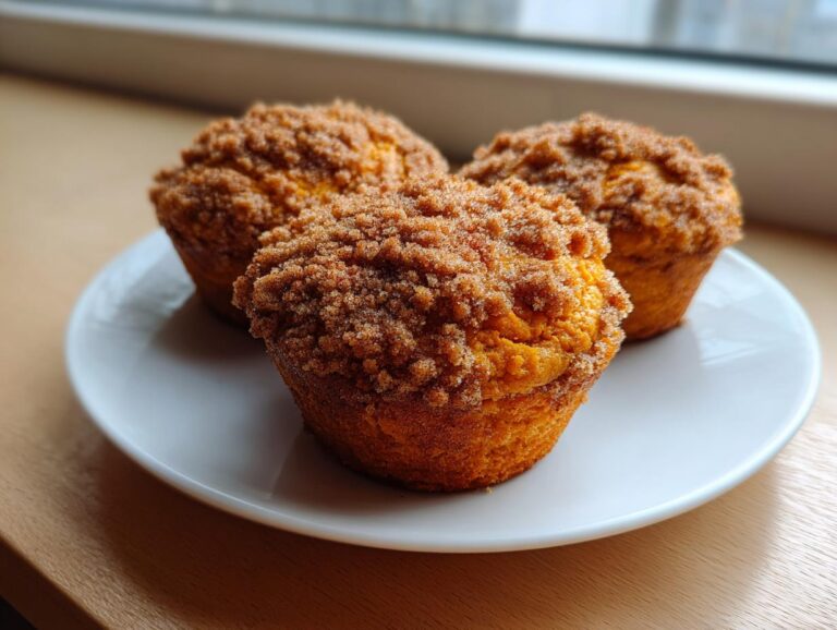 Three freshly baked sweet potato muffins topped with a thick cinnamon streusel sitting on a white plate.
