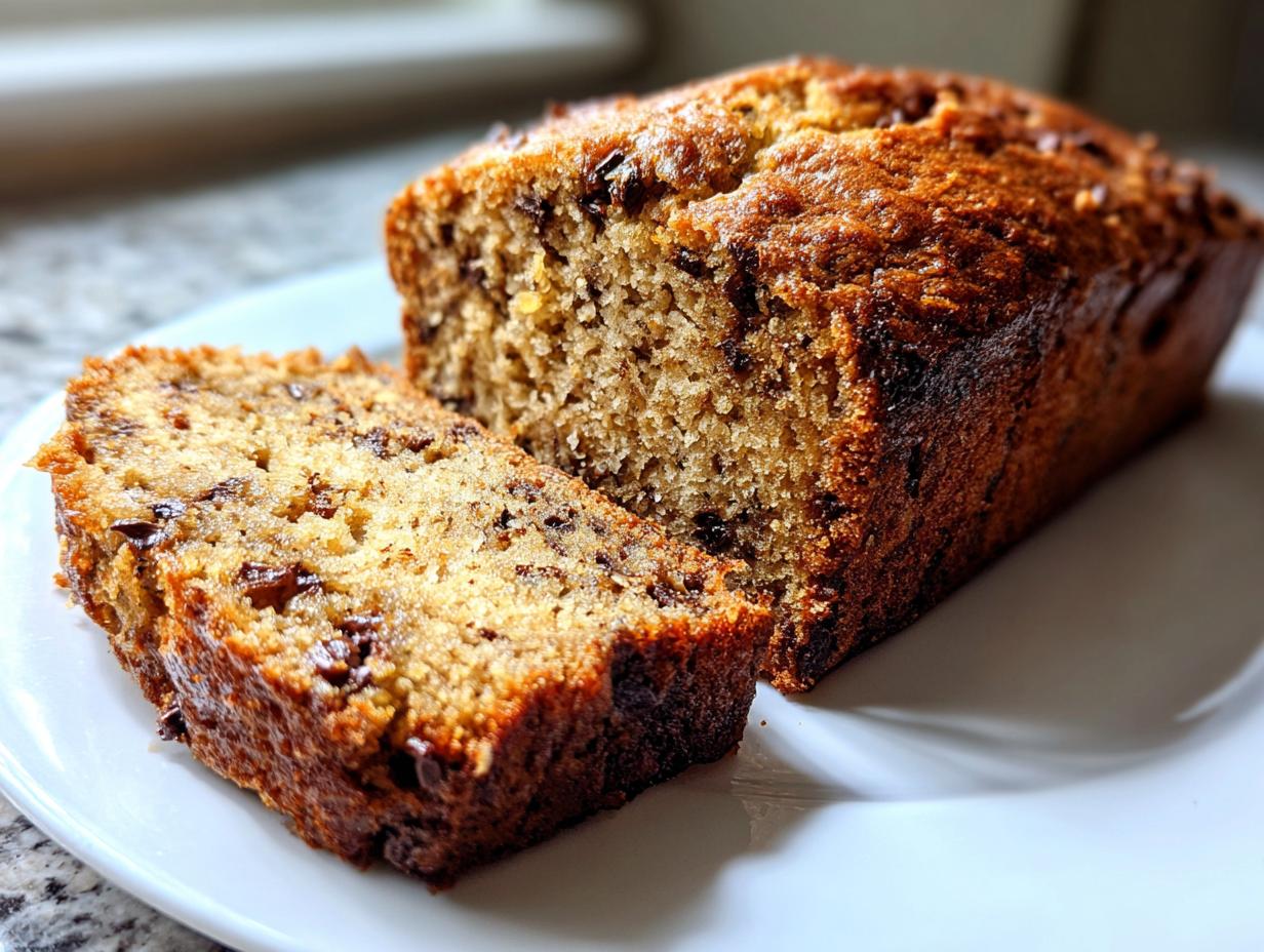 A close-up of a freshly baked loaf of vegan banana bread with chocolate chips, one slice cut and resting next to it.