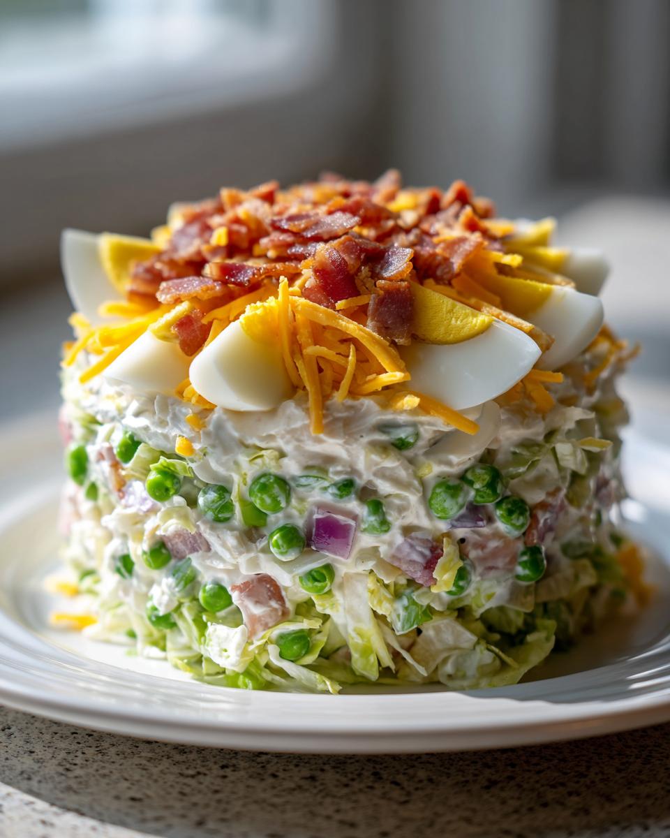 A tall, molded portion of 7 layer salad topped with bacon, cheese, and hard-boiled egg wedges.