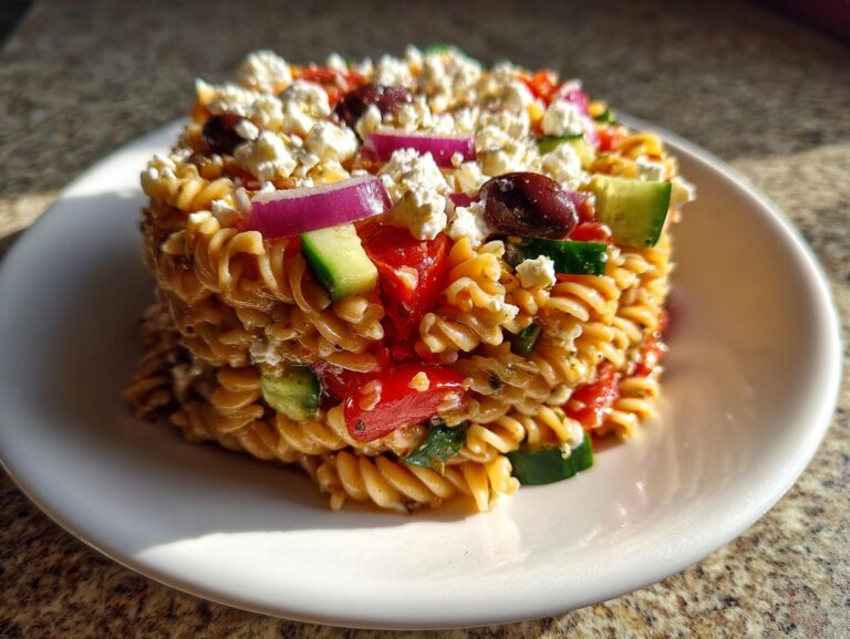 A molded serving of vibrant greek pasta salad featuring rotini pasta, cucumbers, tomatoes, red onion, olives, and feta cheese.