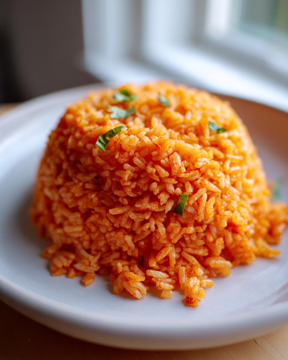 Close-up of a perfectly molded mound of vibrant orange mexican rice recipe, garnished with small green herbs.