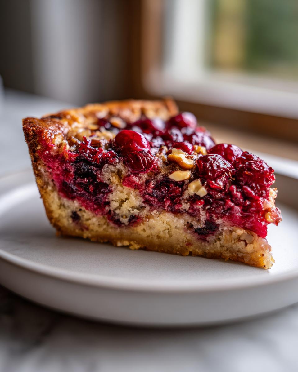Close-up of a single slice of Nantucket cranberry pie showing the rich red fruit filling and nutty topping on a light plate.
