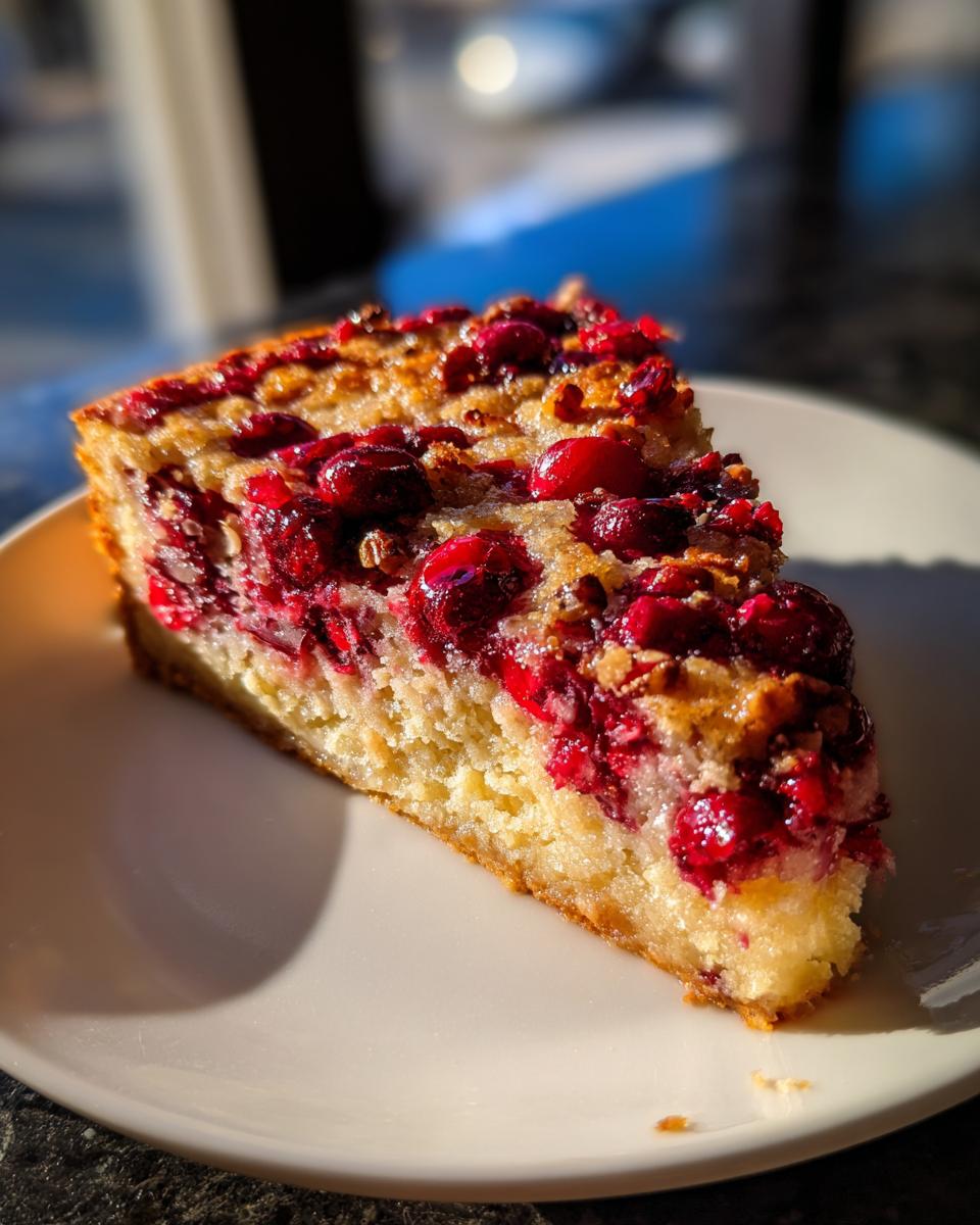 A close-up slice of Nantucket cranberry pie showing bright red cranberries baked into a golden cake base.