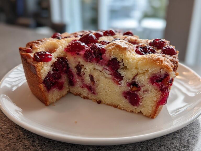 Close-up of a thick slice of Nantucket cranberry pie showing the dense, moist cake interior filled with bright red cranberries.