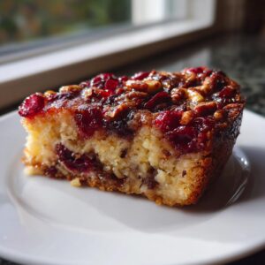 A close-up slice of Nantucket cranberry pie showing a moist cake base topped with glossy cranberries and pecans.