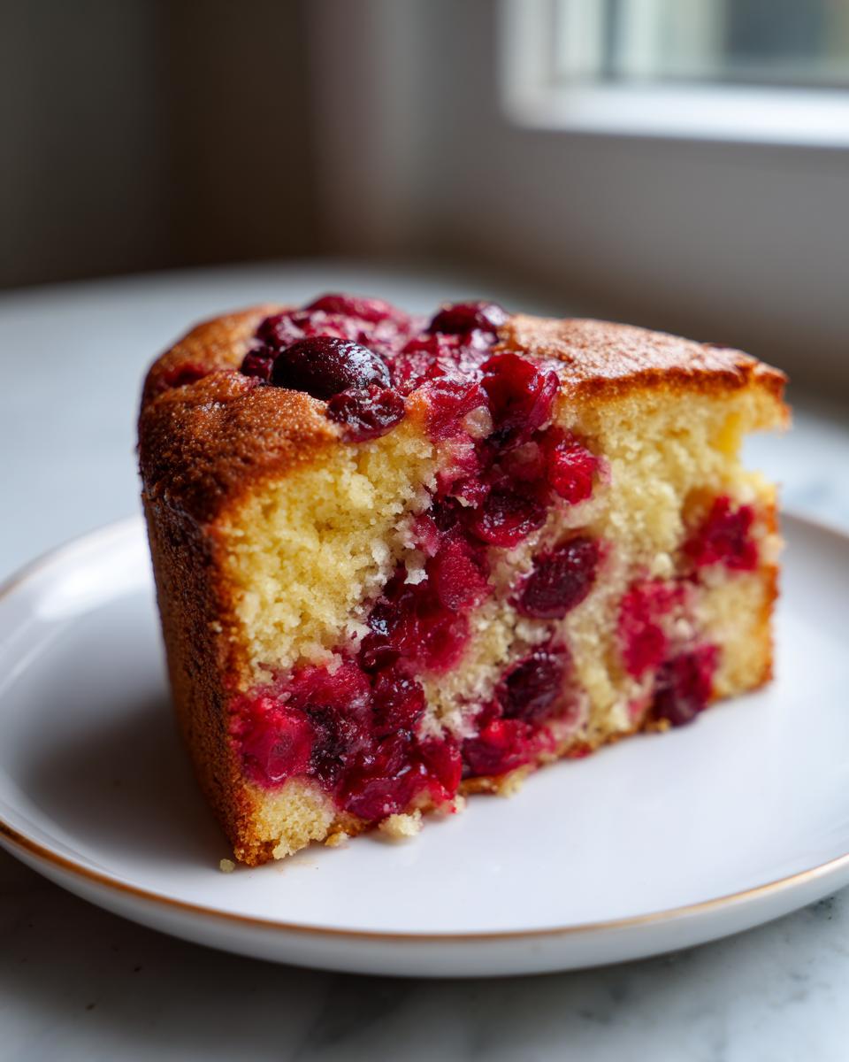 A close-up of a single slice of Nantucket cranberry pie showing the dense, golden cake studded with bright red, juicy cranberries.