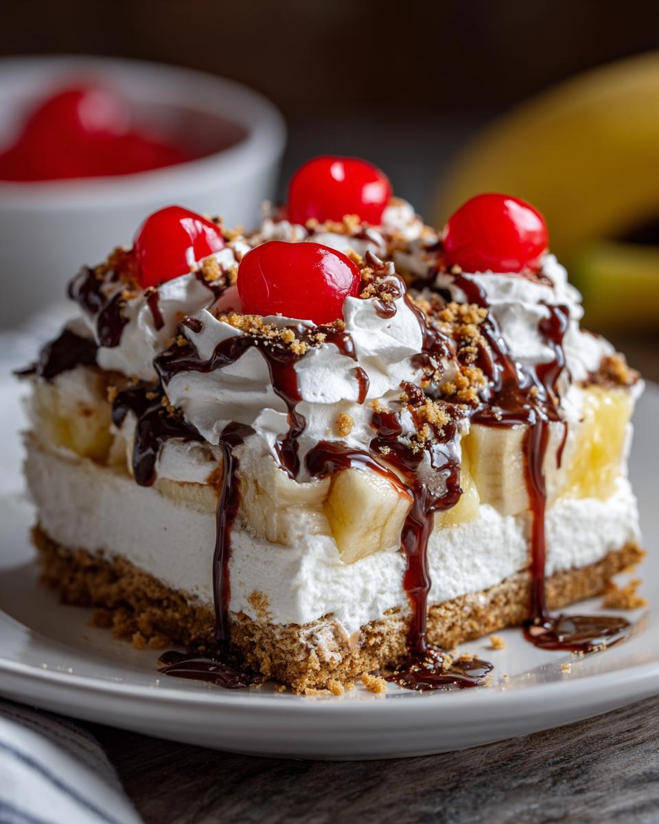 A decadent slice of banana split cake with layers of crust, cream, bananas, topped with whipped cream, chocolate syrup, and cherries.