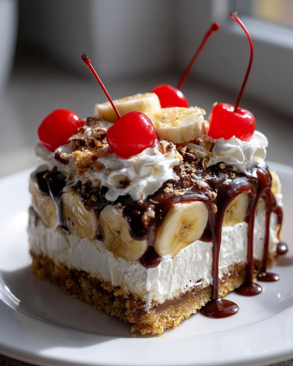 A decadent slice of banana split cake featuring layers of crust, cream, bananas, chocolate sauce, and cherries.
