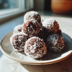 A stack of delicious, dark bourbon balls rolled in shredded coconut, sitting on a light plate near a window.