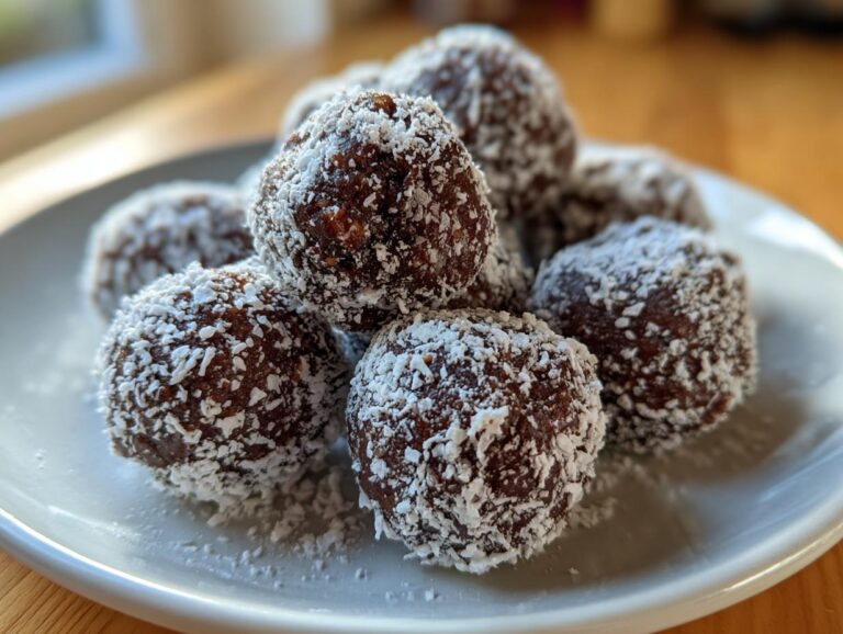 A close-up of several rich, dark bourbon balls generously coated in shredded coconut, resting on a white plate.