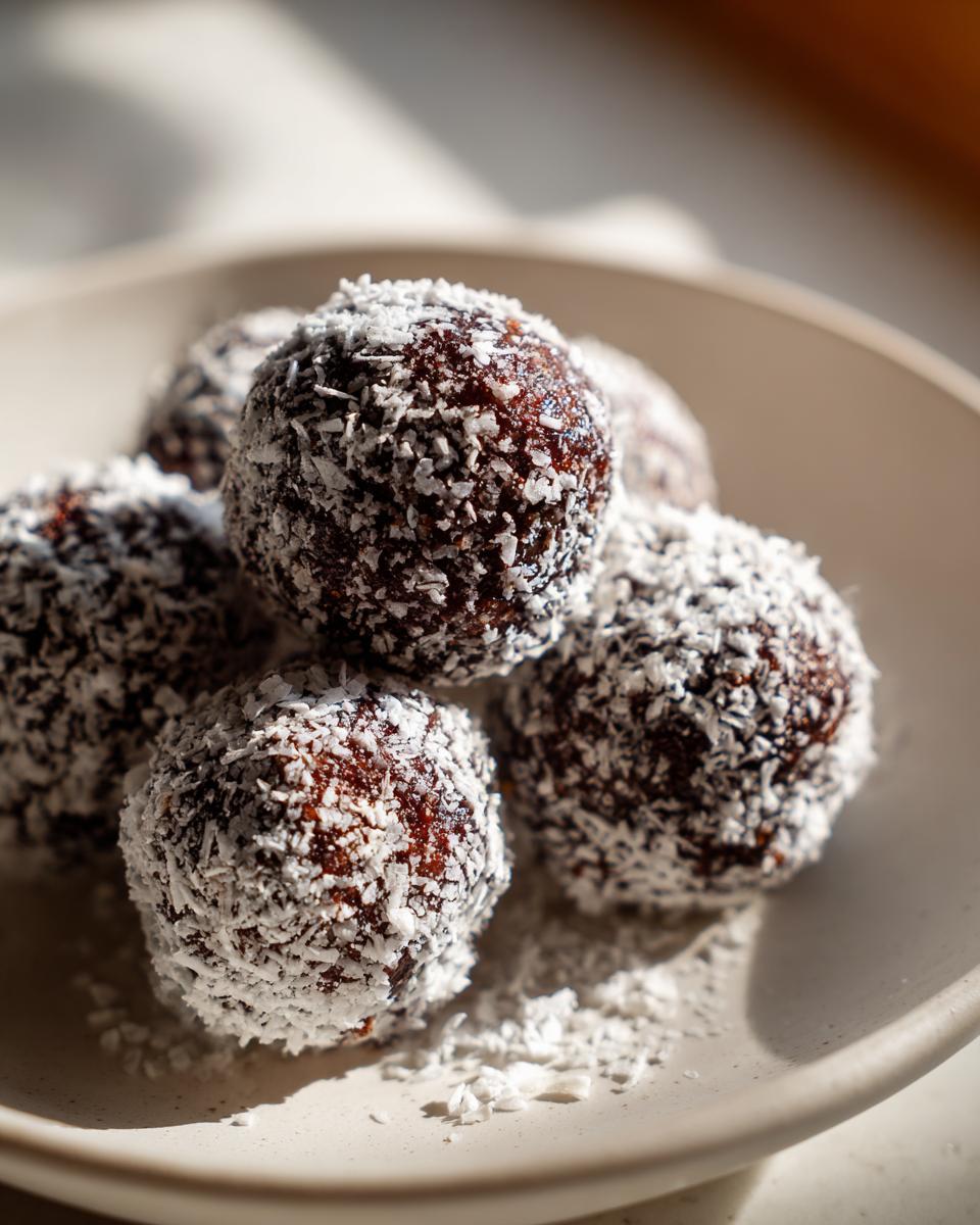 Close-up of several rich, dark bourbon balls generously coated in shredded coconut, resting on a light plate.