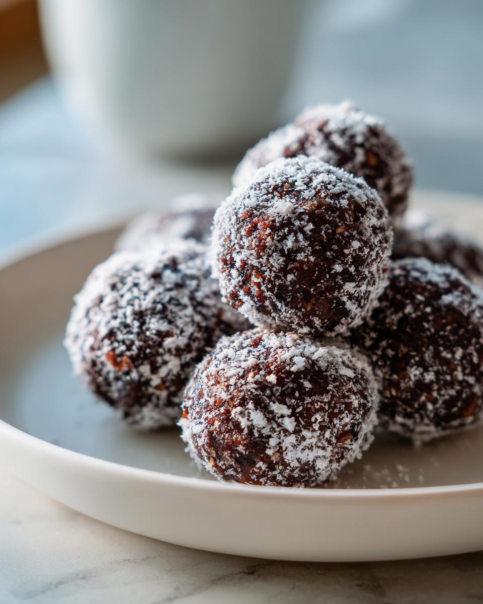 A small pile of rich, dark bourbon balls rolled in white powdered sugar or coconut flakes.