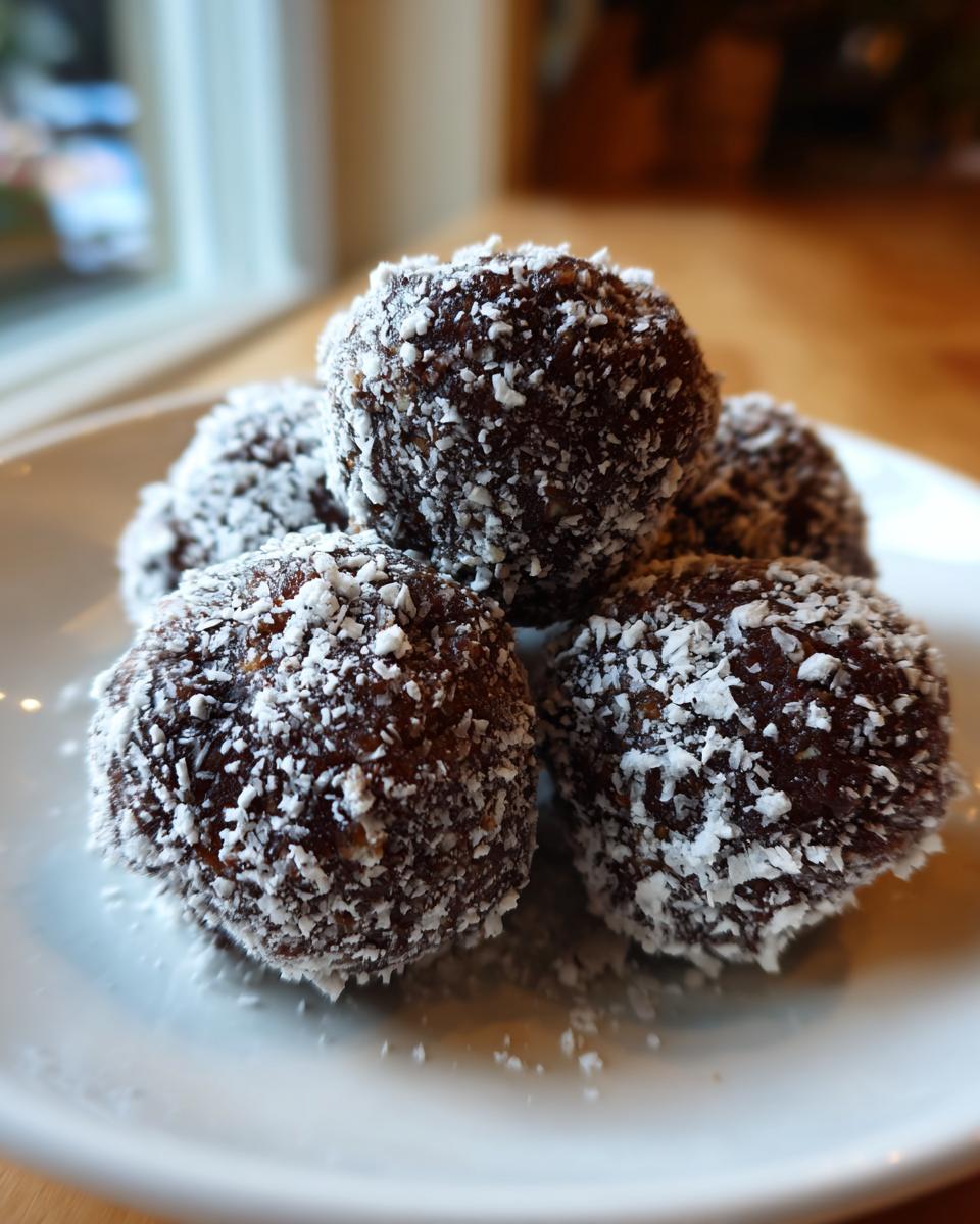 A stack of rich, dark bourbon balls generously coated in shredded white coconut flakes on a white plate.