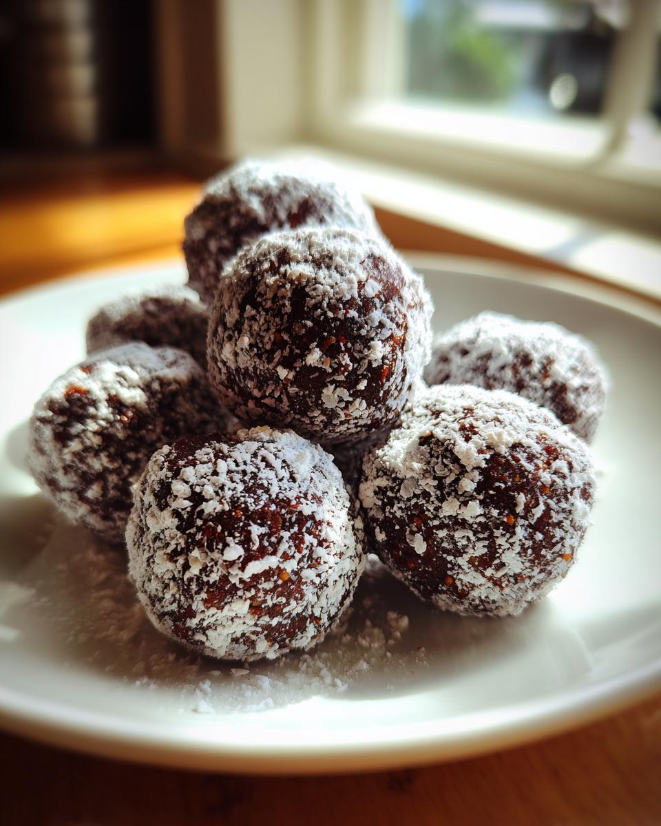 A close-up of several rich, dark bourbon balls heavily coated in white powdered sugar on a white plate.