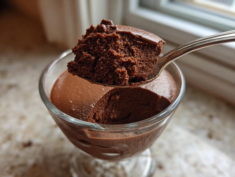 A spoonful of rich, airy chocolate mousse being lifted from a glass dish.