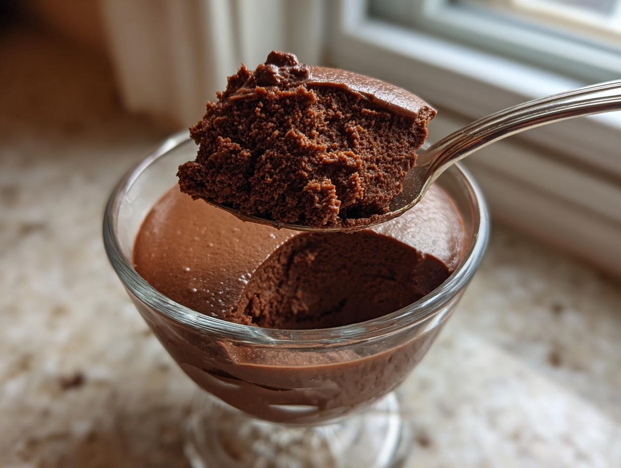A spoonful of rich, airy chocolate mousse being lifted from a glass dish.
