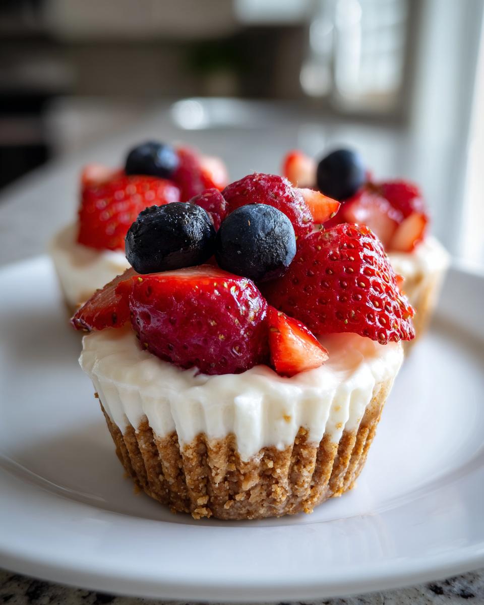 Close-up of a fresh berry no bake mini cheesecake topped with strawberries and blueberries on a white plate.