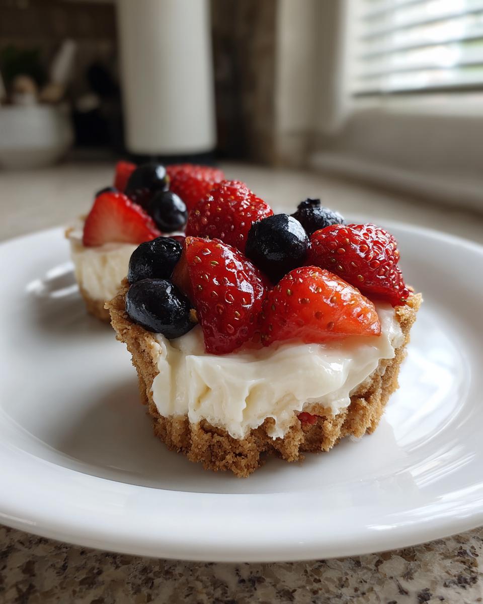Close-up of a delicious no bake mini cheesecake topped with fresh strawberries and blueberries on a white plate.