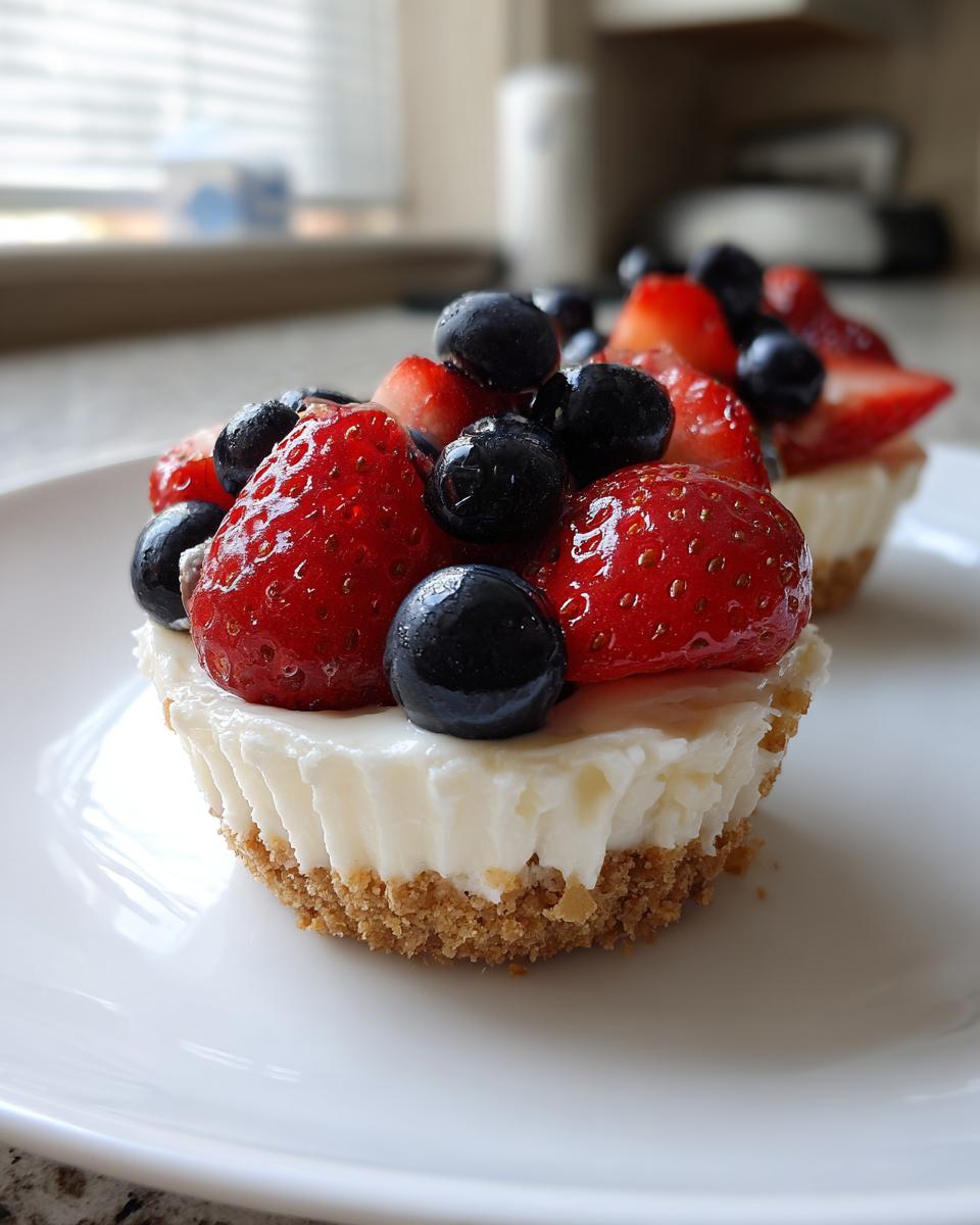 Close-up of a no bake mini cheesecake topped with fresh strawberries and blueberries on a white plate.