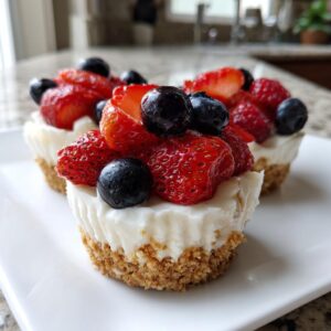 Close-up of two no bake mini cheesecake cups topped generously with fresh strawberries and blueberries on a white plate.