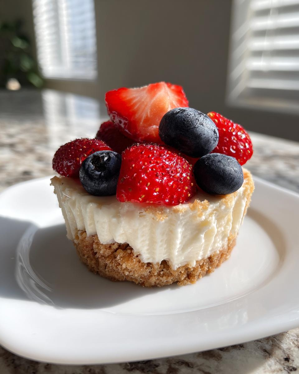 A single no bake mini cheesecake topped with fresh strawberries and blueberries, sitting on a white plate.