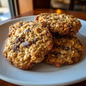 A stack of four golden brown oatmeal chocolate chip breakfast cookie treats resting on a white plate.