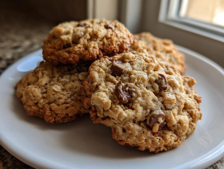 A close-up of four chewy oatmeal chocolate chip breakfast cookie treats stacked on a white plate.