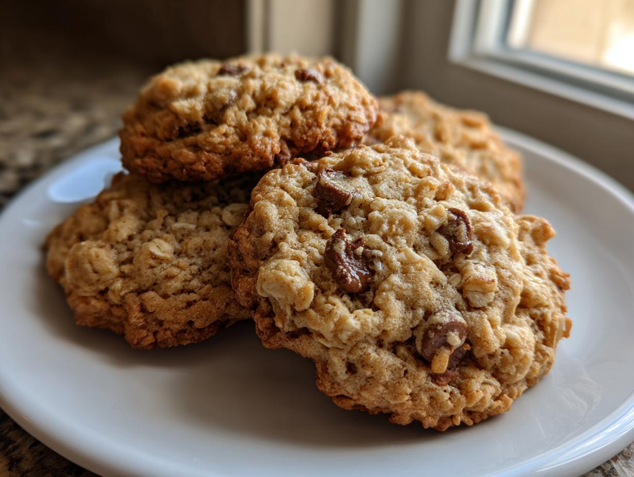 A close-up of four chewy oatmeal chocolate chip breakfast cookie treats stacked on a white plate.