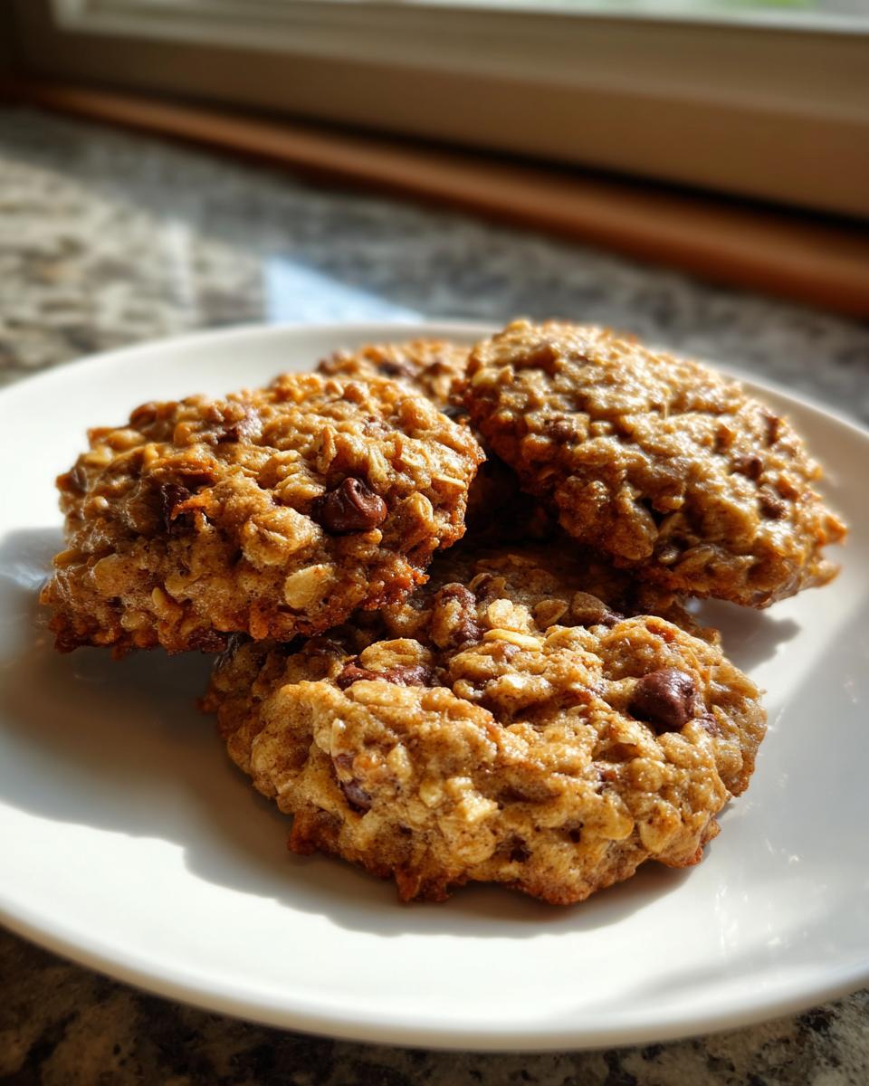 Four hearty oatmeal chocolate chip breakfast cookie treats stacked slightly on a white plate.