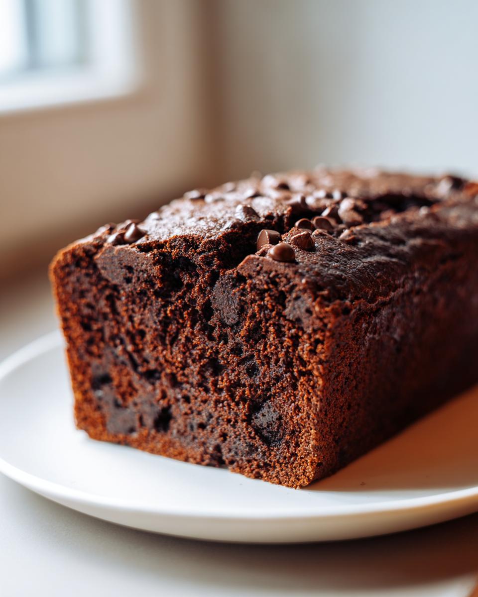 A close-up of a freshly baked, dark brown chocolate bread loaf topped with chocolate chips on a white plate.