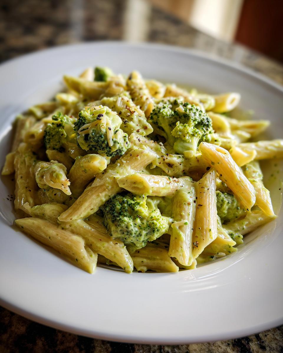 Close-up of creamy broccoli pasta made with penne noodles and bright green broccoli florets, seasoned with pepper.
