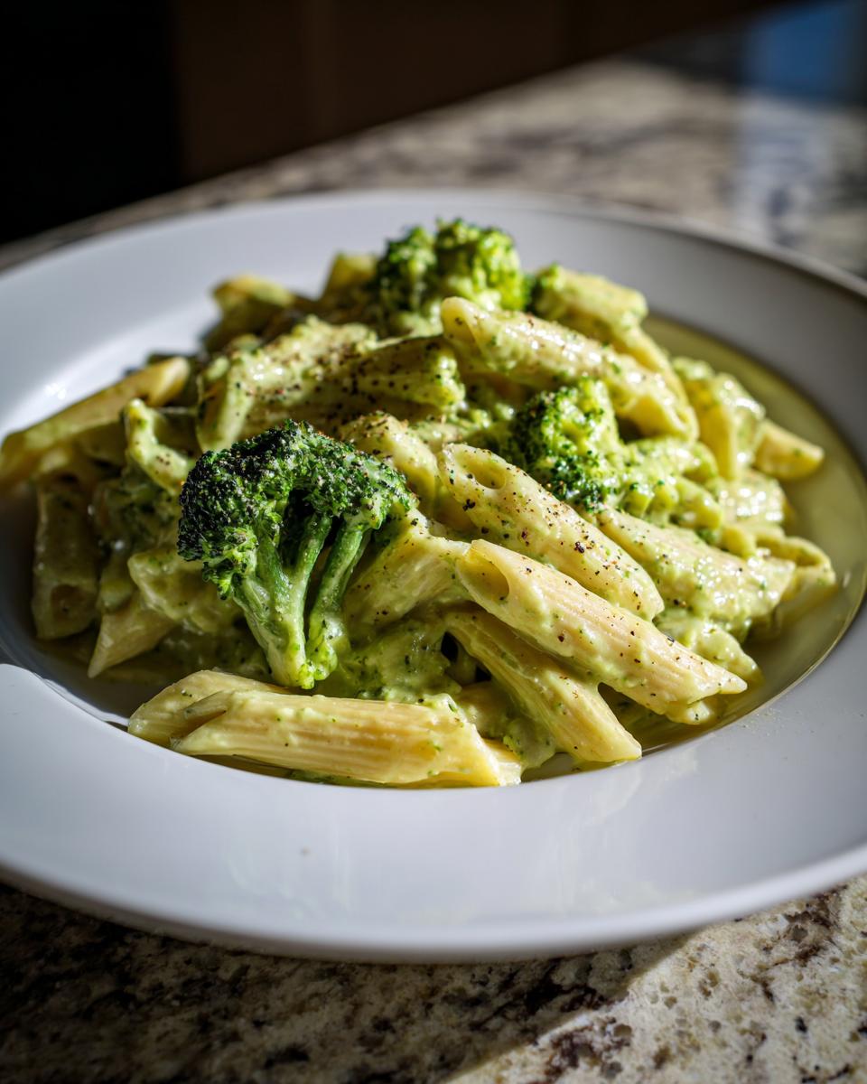 A close-up of creamy broccoli pasta made with penne, topped with fresh broccoli florets and black pepper.
