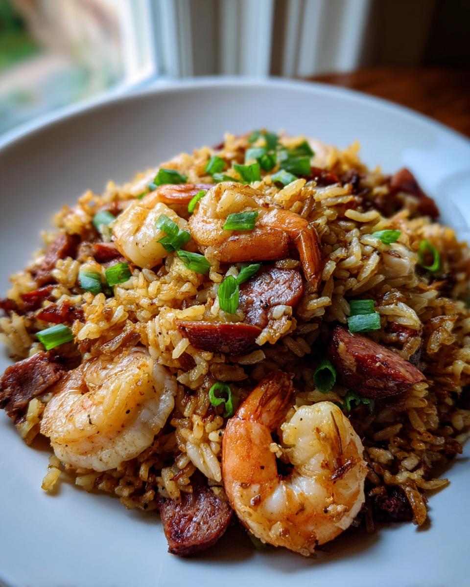 A close-up serving of flavorful shrimp and sausage jambalaya garnished with chopped green onions.