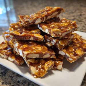 A stack of freshly broken pieces of golden brown peanut brittle recipe, showing whole peanuts suspended in hard candy.