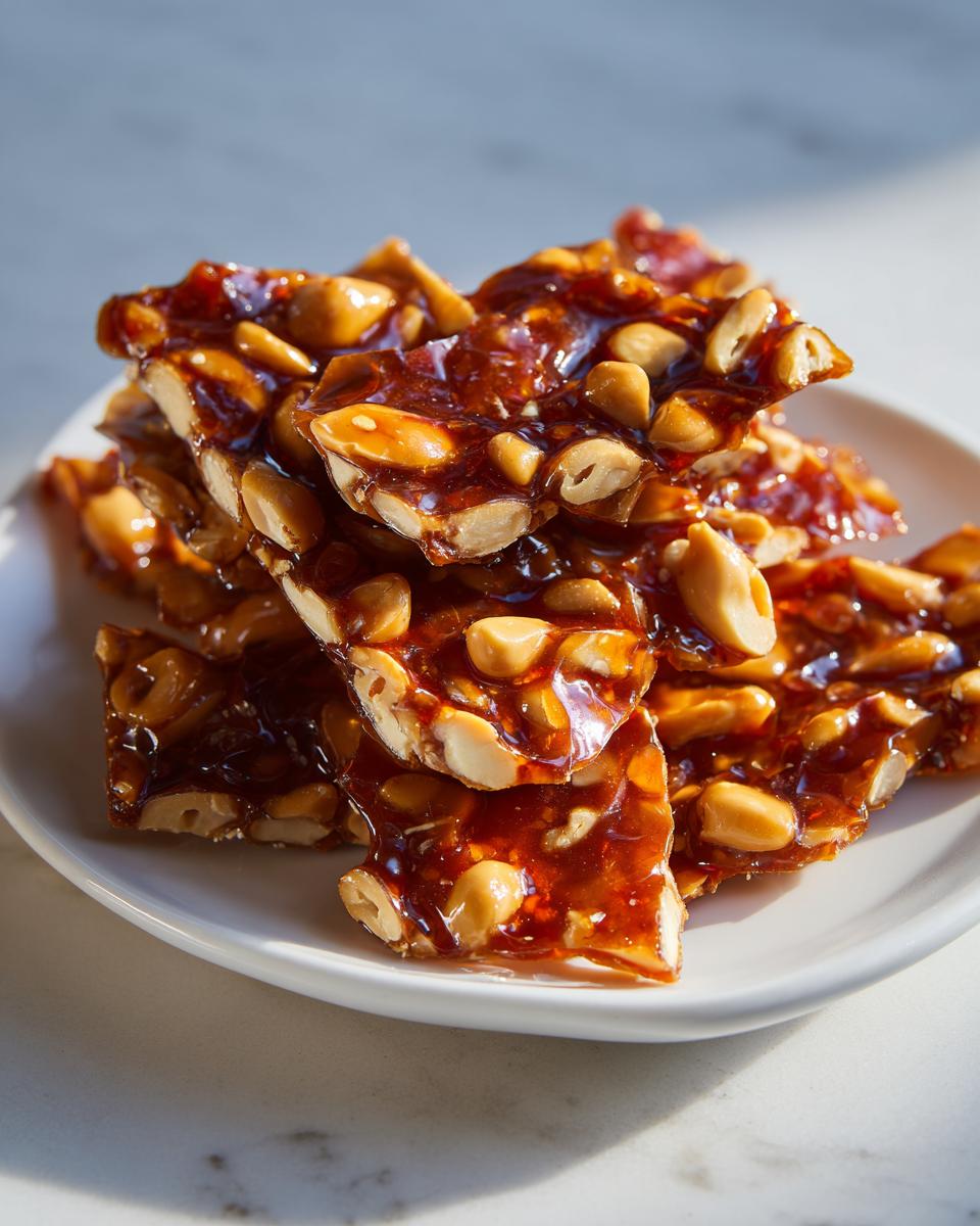 Close-up of broken pieces of shiny, amber peanut brittle recipe stacked on a white plate.