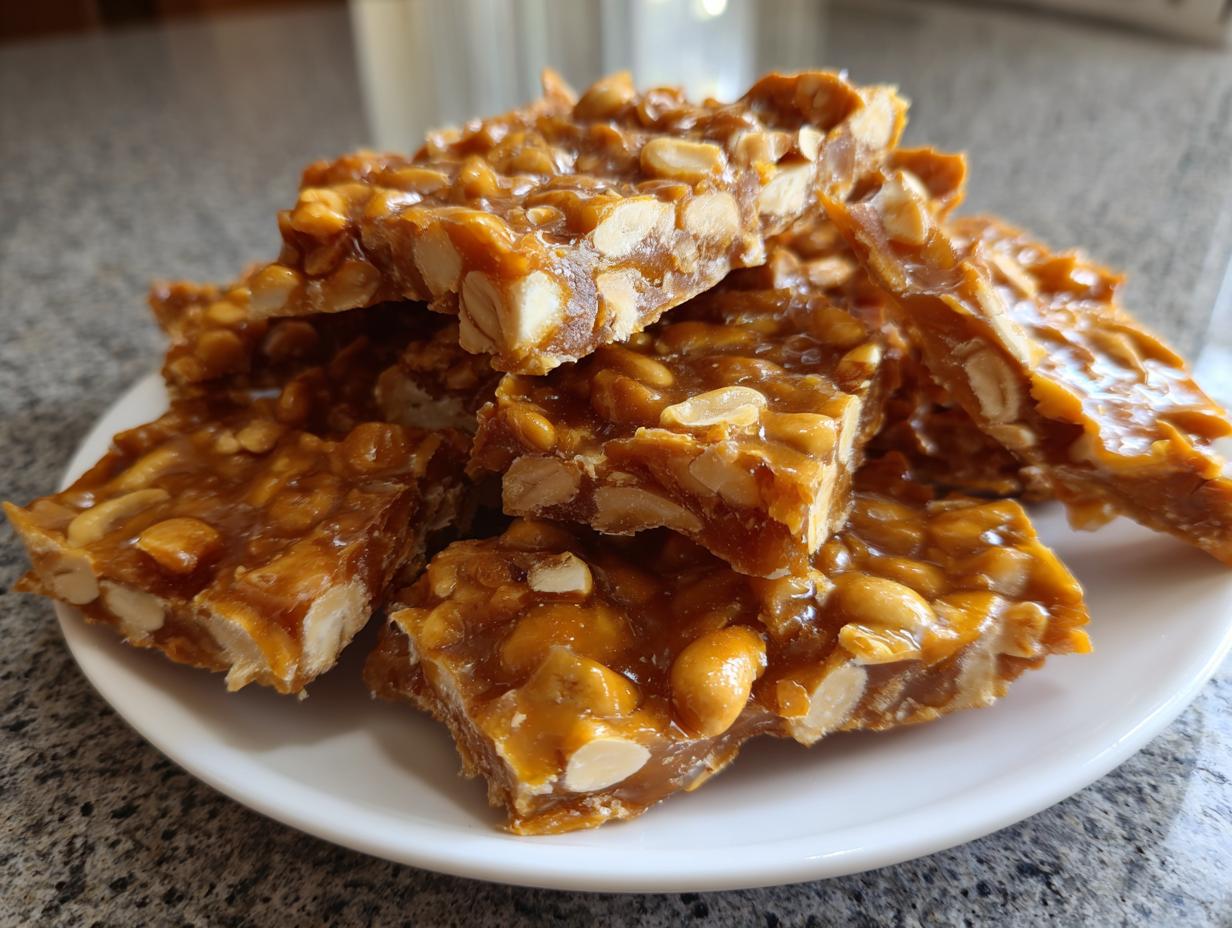 A stack of freshly broken pieces of golden brown peanut brittle recipe, showcasing whole peanuts in a hard candy coating.